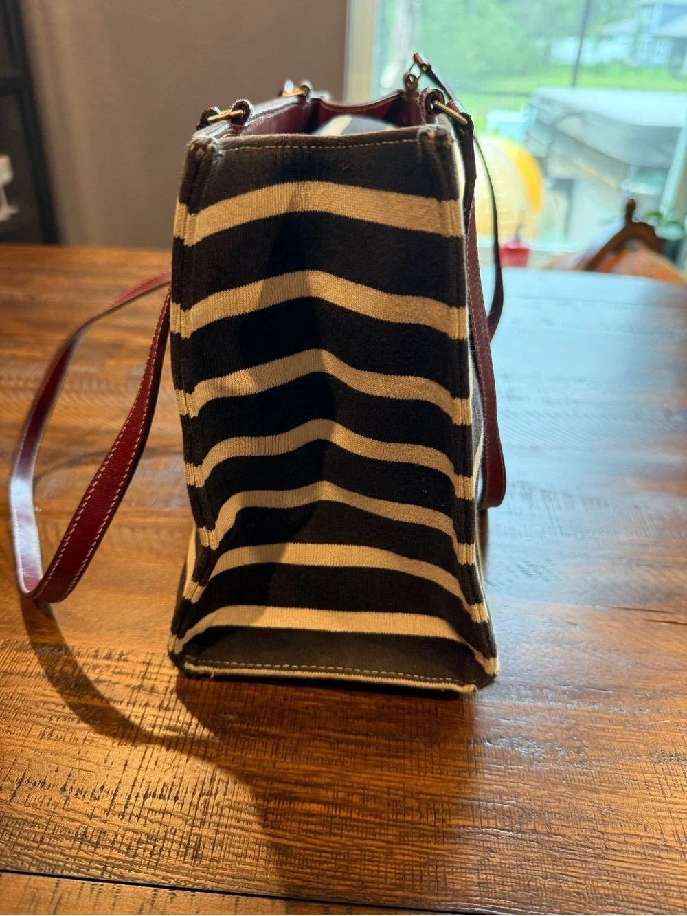 Vintage 90s Kate Spade Canvas Striped Tote Shoulder Bag Red Leather Trim